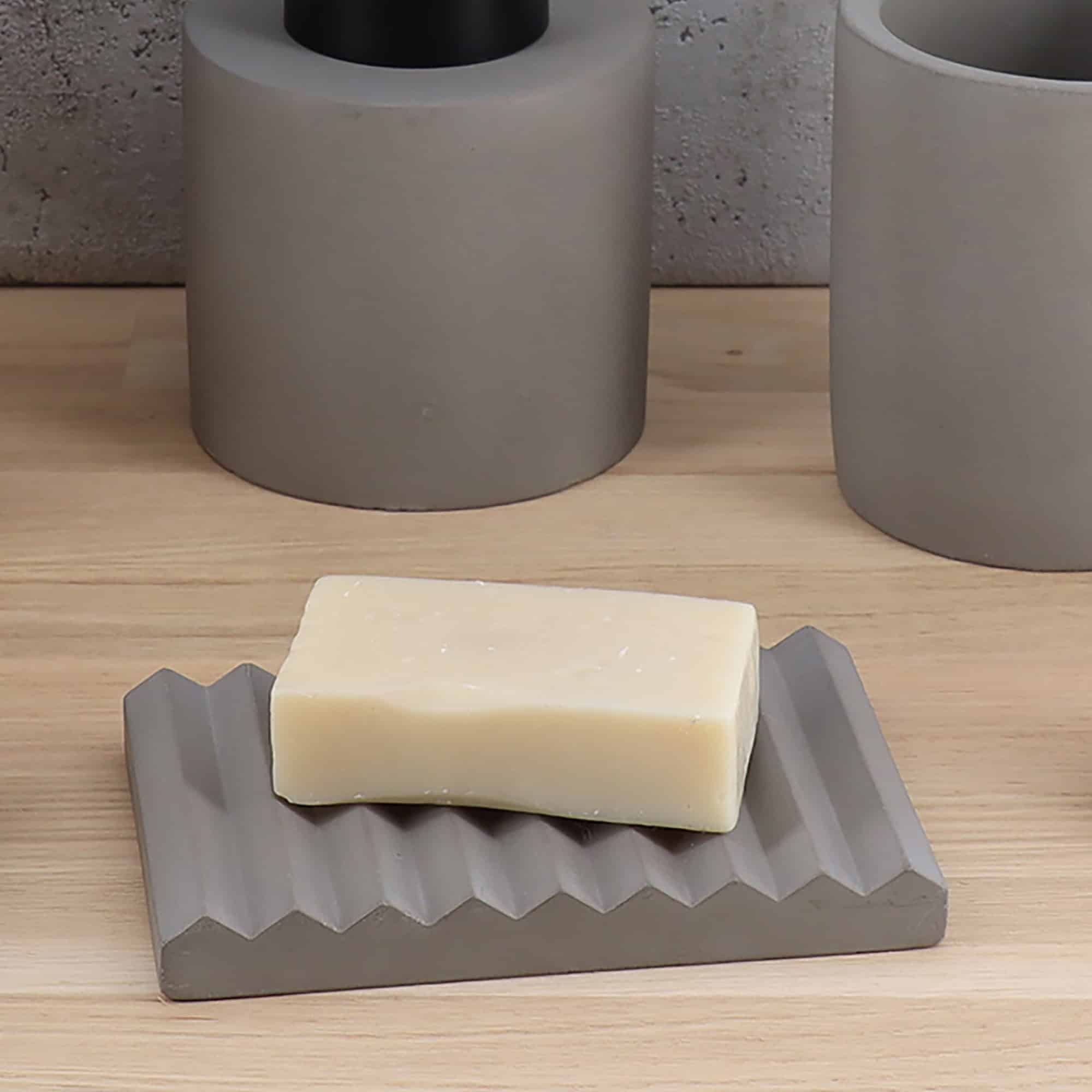 Bathroom Set with Soap Dish: Gray soap dish with matching accessories.