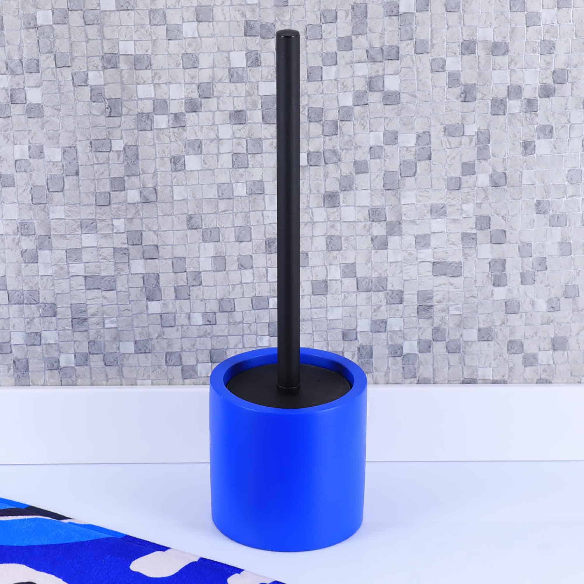 Toilet Brush in Bathroom: Blue toilet brush in a bathroom setting.