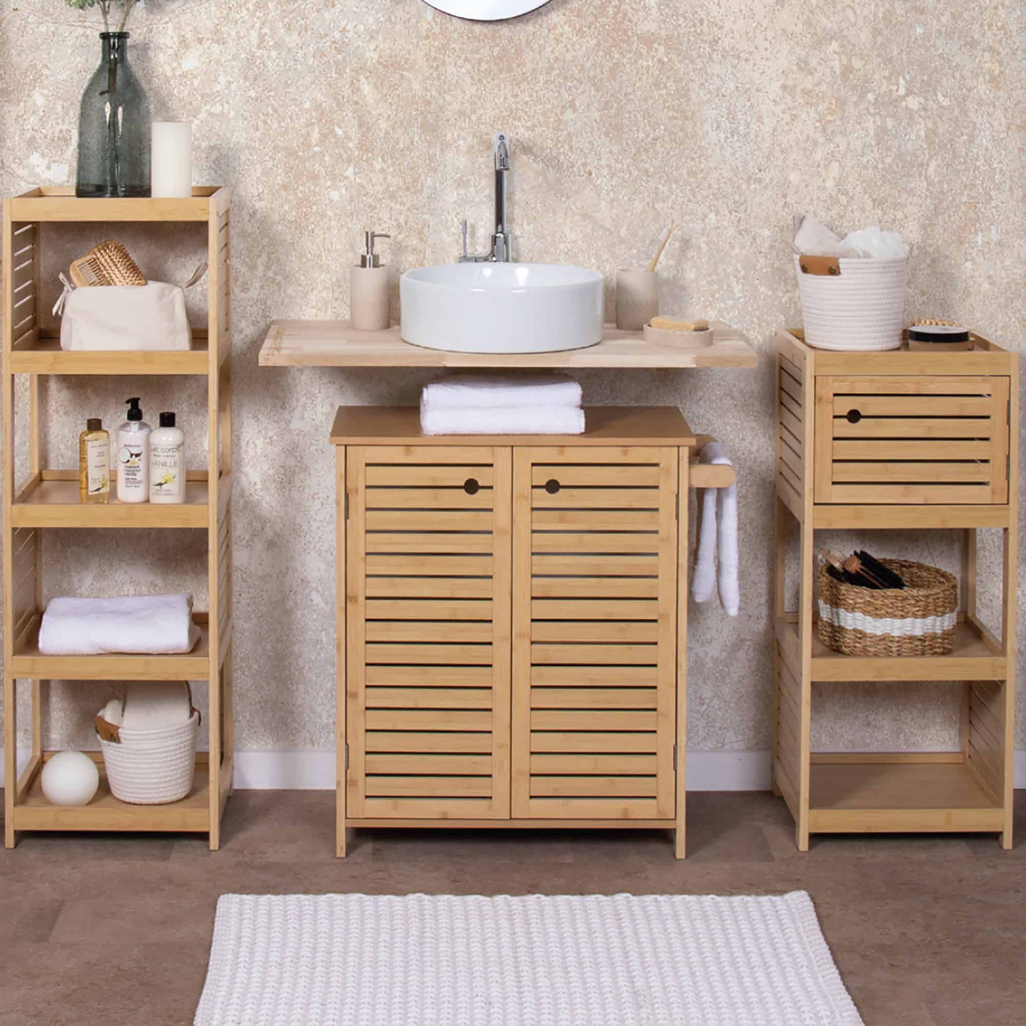 Bathroom furniture set with bamboo cabinet - lifestyle scene