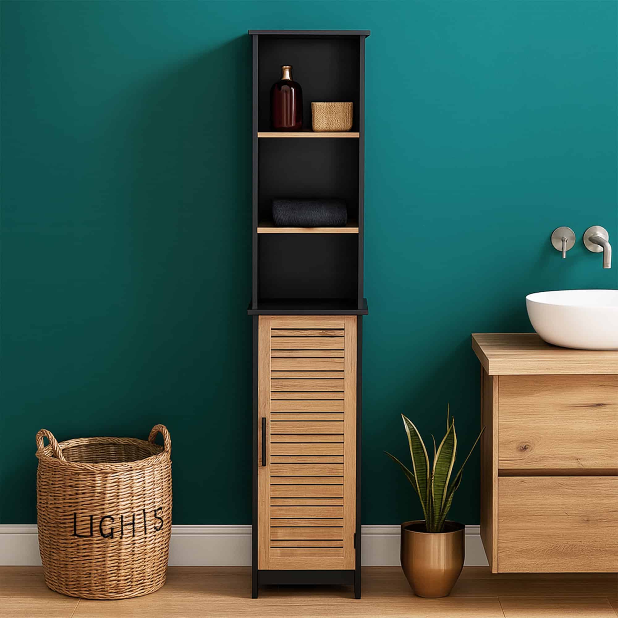 Tall freestanding cabinet in black with wood slatted door and open shelving