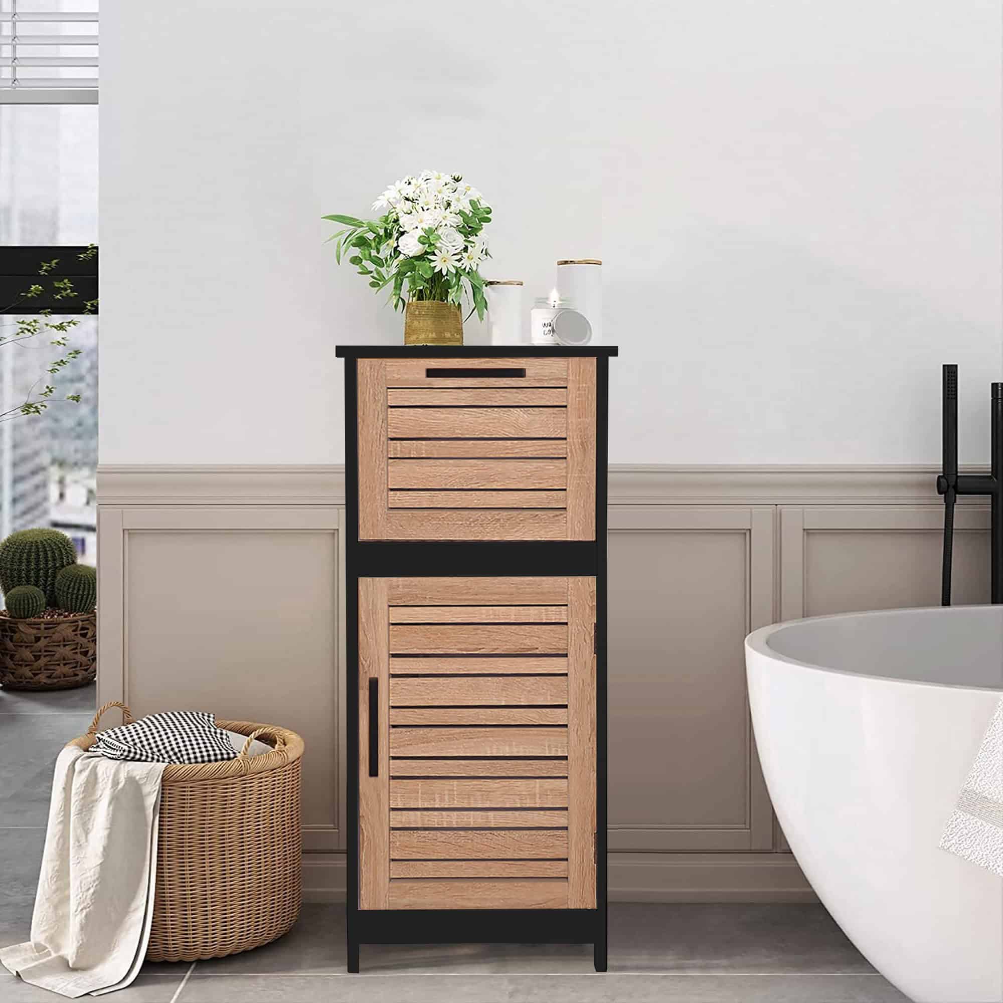 The cabinet placed next to a bathtub, styled with decor and bathroom essentials.