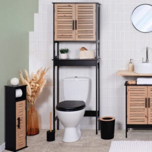“Black over-the-toilet cabinet with wood-look doors styled in modern bathroom with white tile wall”