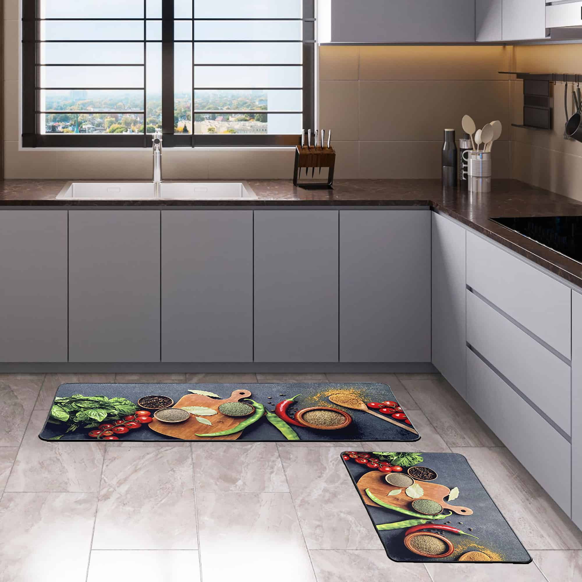 Mat and runner set displayed in a modern kitchen setting.