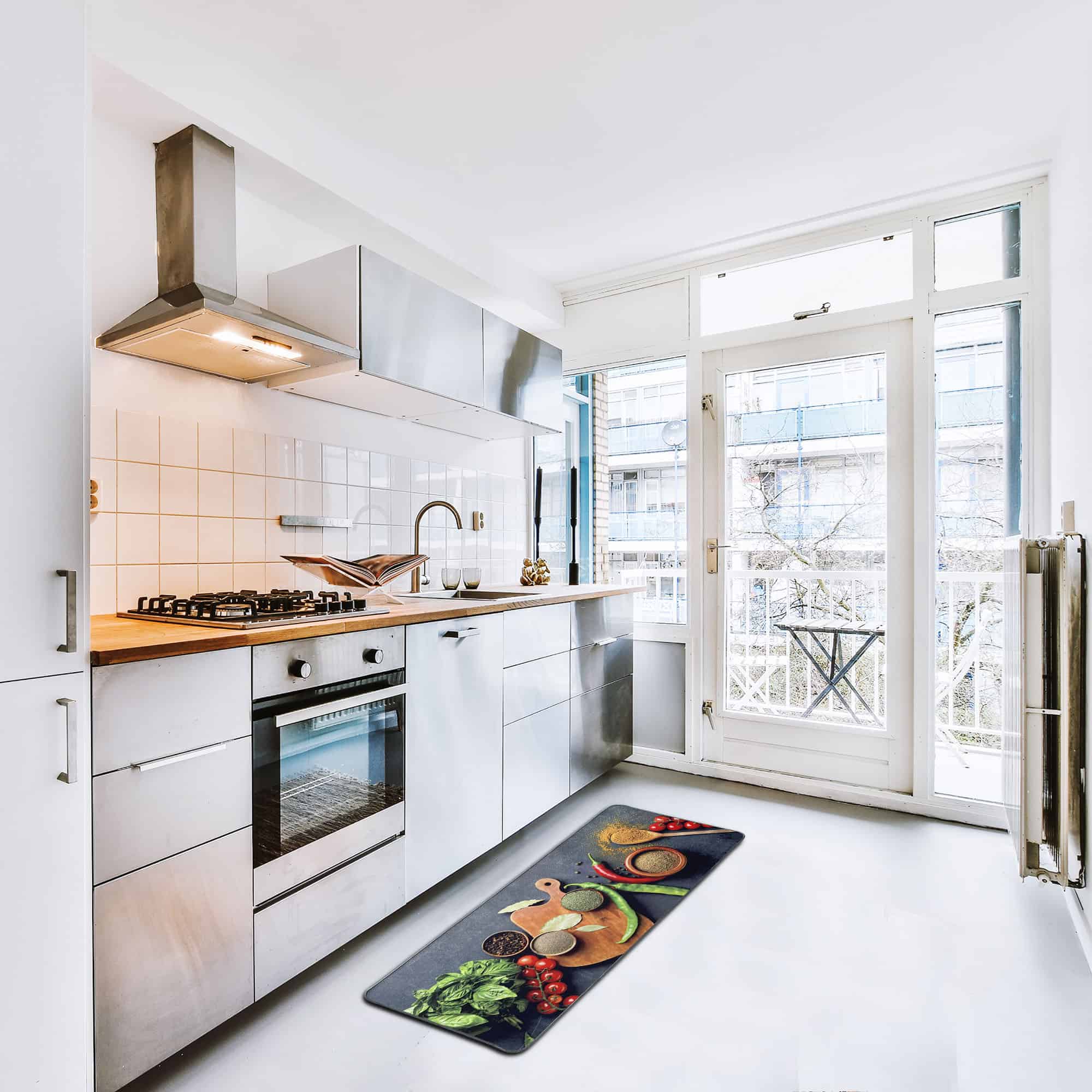 Runner Rug in Kitchen: Runner rug displayed in a bright, modern kitchen.