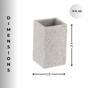 Dimensions of the gray stone-effect bathroom tumbler are shown, highlighting its 4.8-inch height, 2.8-inch width, and 9-ounce capacity.