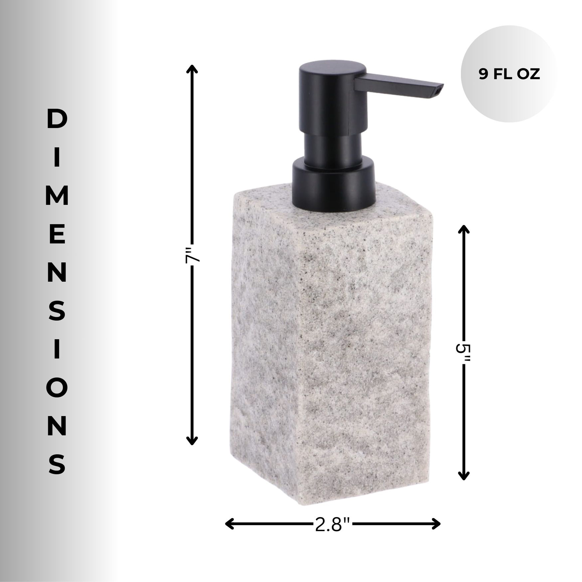 Dimensions of the gray stone-effect soap dispenser are shown, highlighting its 9-ounce capacity, 7-inch height, and 2.8-inch width.