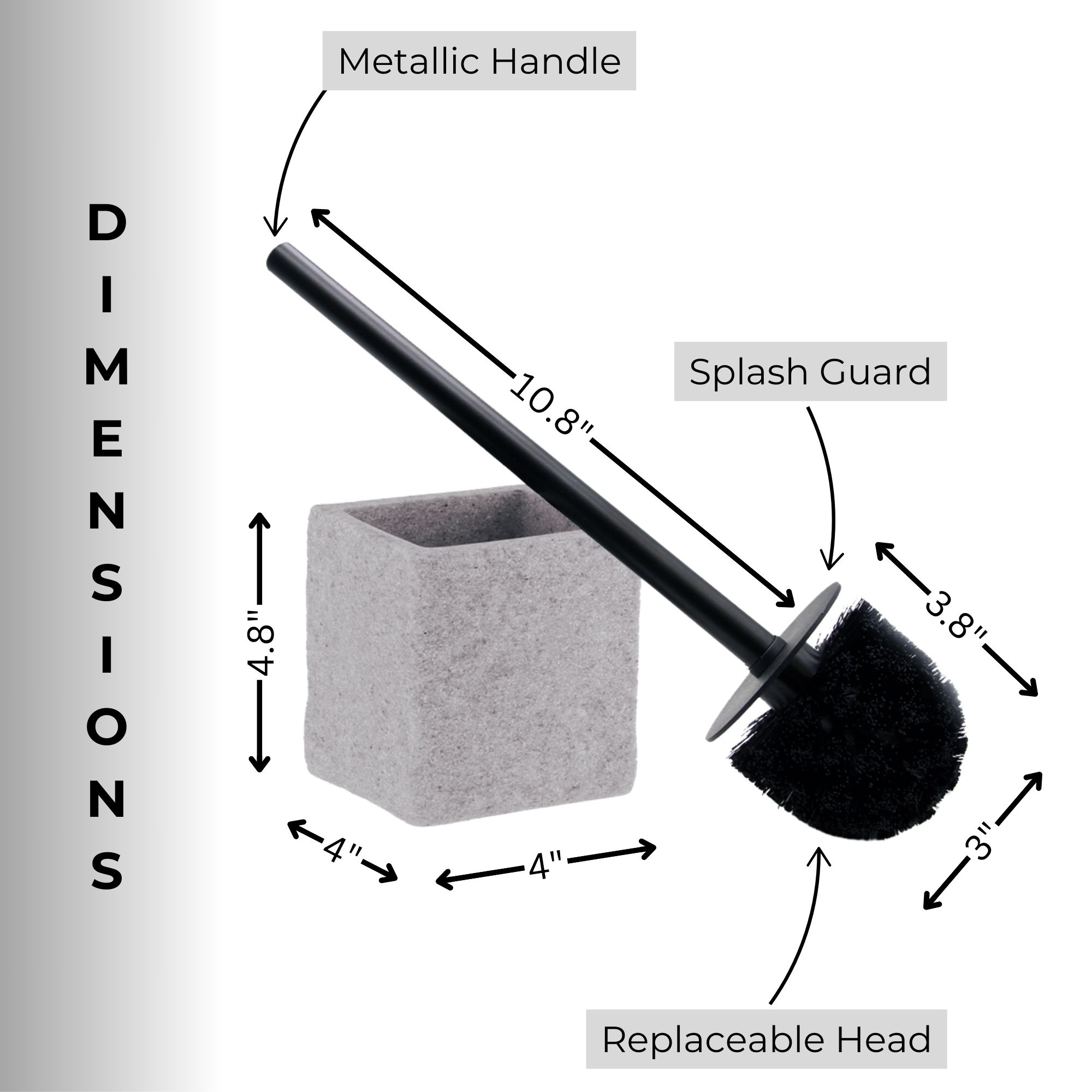 Dimensions diagram of gray stone effect toilet brush showing measurements and replaceable brush head