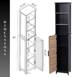 A labeled diagram showing the full measurements of the cabinet, including shelves and door sections.