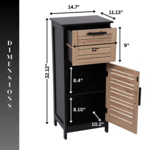 "Dimension diagram of black bathroom cabinet showing 14.7"W x 11.13"D x 32.12"H with interior shelf measurements"