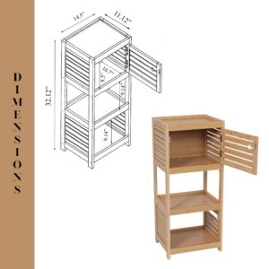 "Dimension diagram of bamboo cabinet showing 14.5"W x 11.12"D x 32.12"H with interior shelf measurements and open door view"