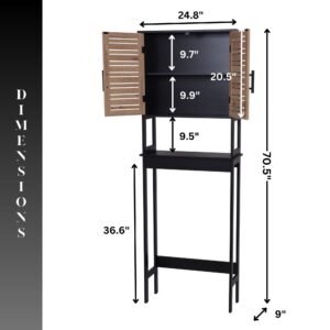 “Dimension diagram of black over-the-toilet cabinet with wood-look doors and interior measurements”