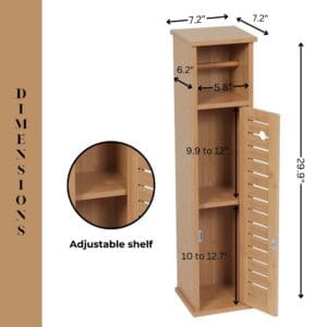 "Dimensions diagram of bamboo toilet paper cabinet: 7.2"W x 29.9"H with adjustable shelf"