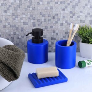 Coordinated Bathroom Set: Blue soap dish with matching accessories and decor.