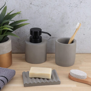 Coordinated Bathroom Set: Gray soap dish with matching accessories and decor.