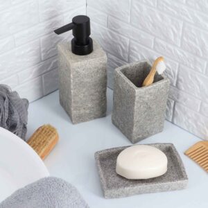 Dimensions of the gray stone-effect rectangular soap dish are shown, measuring 7 inches by 5 inches.