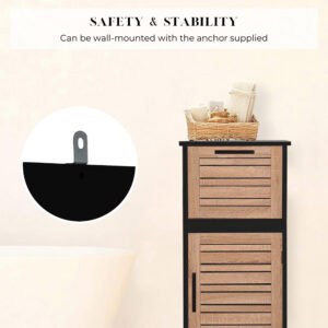 "Safety callout showing wall-mounting anchor bracket close-up on black and oak bathroom storage cabinet"