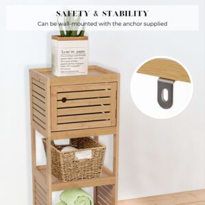 "Safety callout showing wall-mounting anchor bracket close-up on natural bamboo storage cabinet"