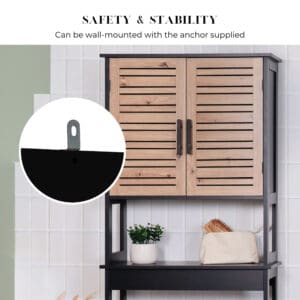 “Close-up of wall-mounting safety anchor on black over-the-toilet cabinet with wood-look doors”