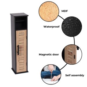 "Feature callouts: MDF construction, waterproof finish, magnetic door, self-assembly"