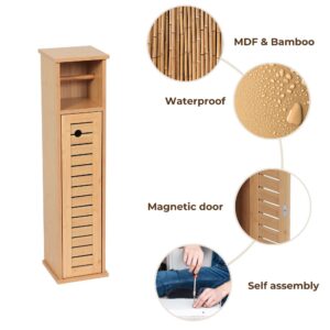 "Feature callouts: MDF and bamboo construction, waterproof finish, magnetic door, self-assembly"