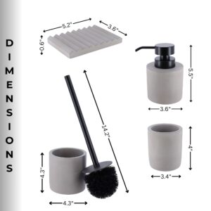 Accessory Dimensions: Dimensions of the gray bathroom set items, including soap dish, dispenser, and brush holder.