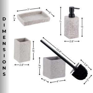 Dimensions of the gray stone-effect bathroom accessory set, detailing measurements for the soap dish, tumbler, dispenser, and toilet brush holder.