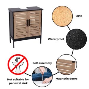 Infographic highlighting the waterproof MDF construction, self-assembly, magnetic doors, and the cabinet’s unsuitability for pedestal sinks.