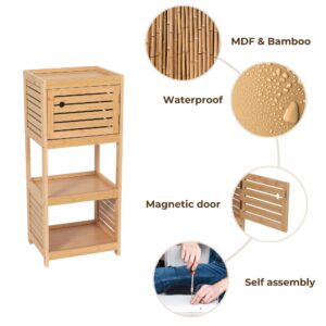 "Features diagram highlighting MDF and bamboo construction, waterproof finish, magnetic door closure, and self-assembly"