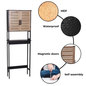 “Black over-the-toilet cabinet with wood-look doors showing MDF material, waterproof surface and assembly features”