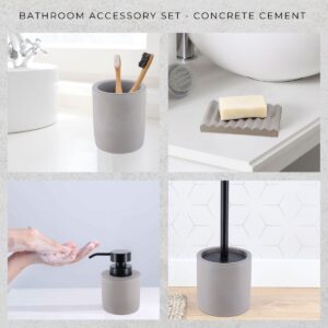 Bathroom Accessory Set: Gray bathroom set featuring toothbrush holder, soap dish, soap dispenser, and toilet brush holder.