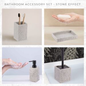 A collage showcasing the gray stone-effect bathroom accessory set in various uses, including a soap dish, toothbrush holder, soap dispenser, and toilet brush holder, highlighting its versatility and modern design.
