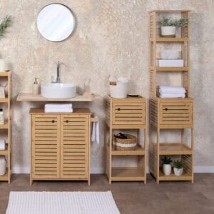 Bathroom Furniture Set Featuring Tall Bamboo Cabinet