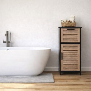 "Black and oak louvered bathroom cabinet with basket on top, beside a freestanding bathtub on hardwood floor"