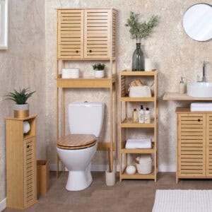 "Trinidad bamboo toilet paper cabinet styled with matching over-toilet shelf and bathroom furniture"