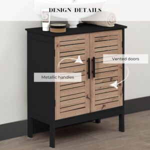Close-up of the cabinet's black metal handles and vented wooden doors, emphasizing design details.