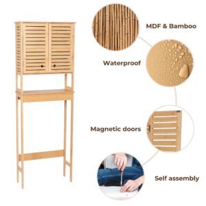 Bamboo Over-The-Toilet Cabinet Features - Waterproof, Magnetic Door, Self-Assembly