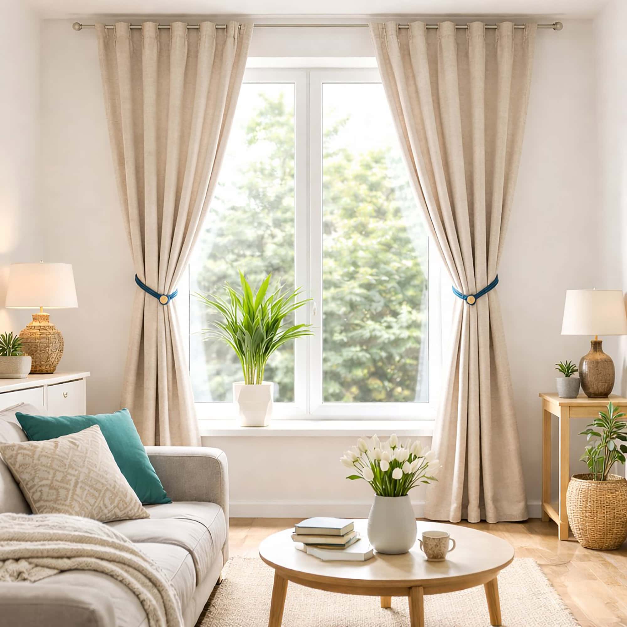 Teal magnetic tiebacks holding a beige curtain