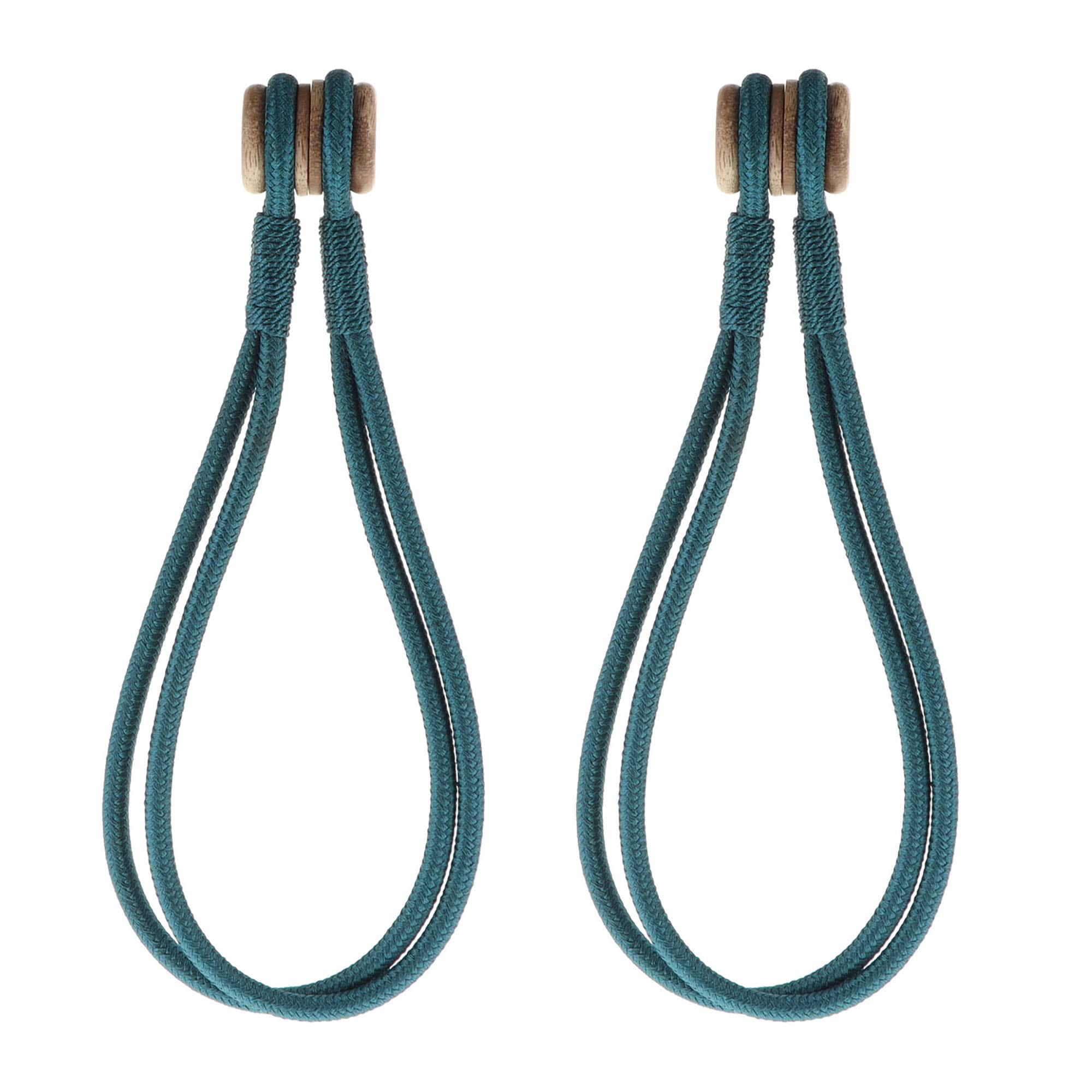 Pair of teal magnetic curtain tiebacks with wooden tips