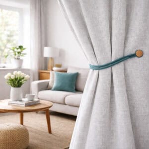 Magnetic Curtain Ties Holding Gray Curtain – A teal magnetic tieback securing a gray curtain in cozy living room