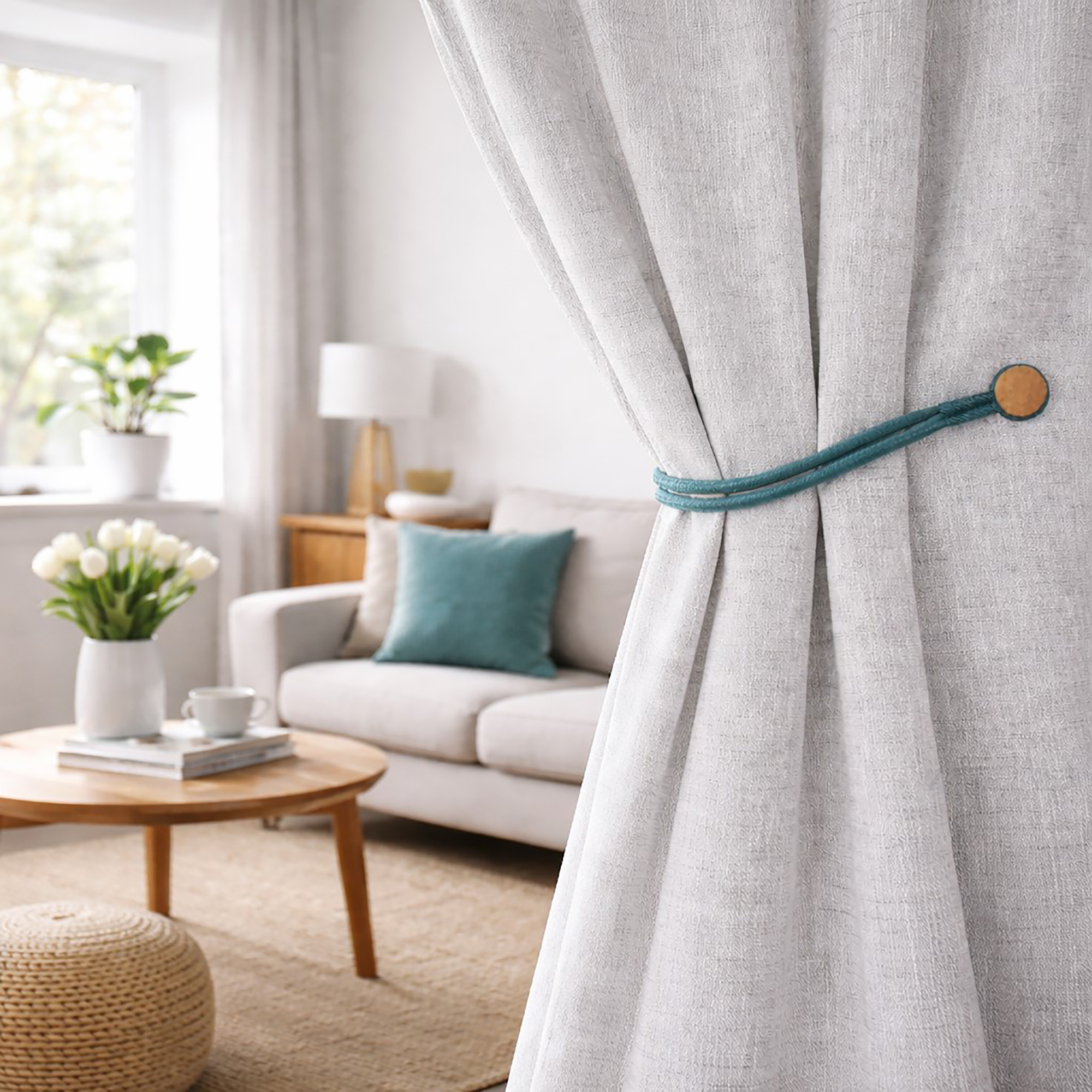 Magnetic Curtain Ties Holding Gray Curtain – A teal magnetic tieback securing a gray curtain in cozy living room