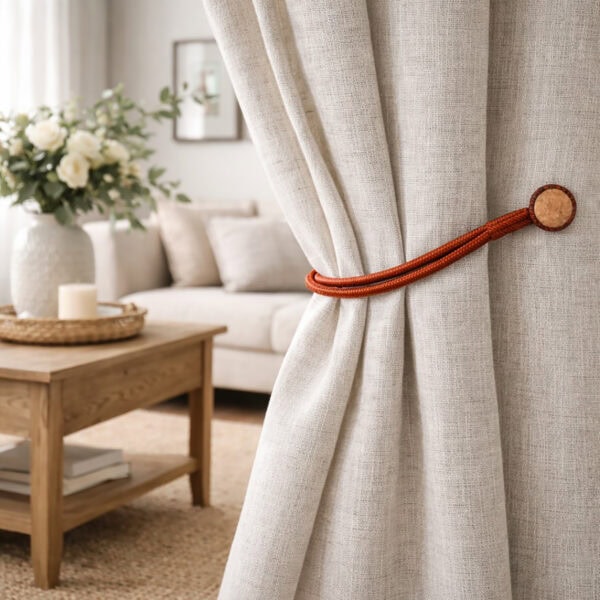 Magnetic Curtain Ties Holding Beige Curtain in cozy interior