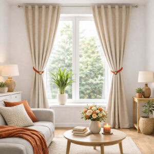 Red magnetic curtain ties holding a beige curtain