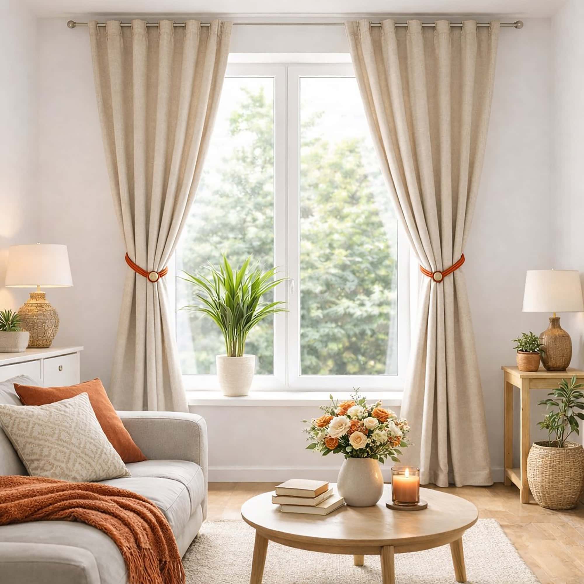 Red magnetic curtain ties holding a beige curtain