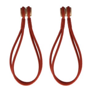 Pair of red magnetic curtain tiebacks with wooden tips