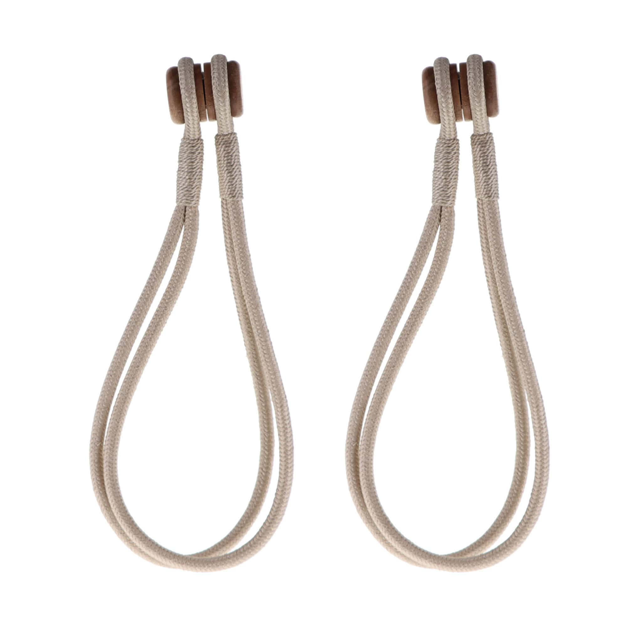 Pair of beige magnetic curtain tiebacks with wooden tips