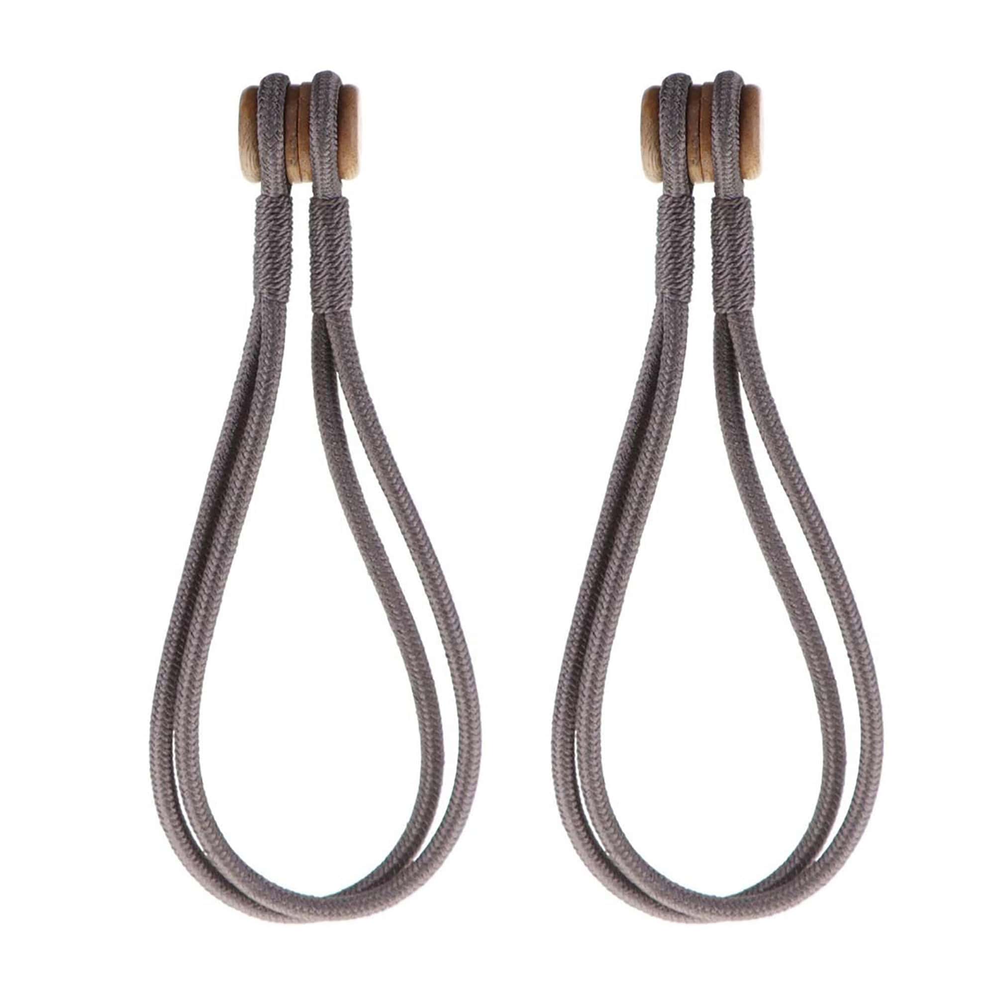 Pair of gray magnetic curtain tiebacks with wooden tips