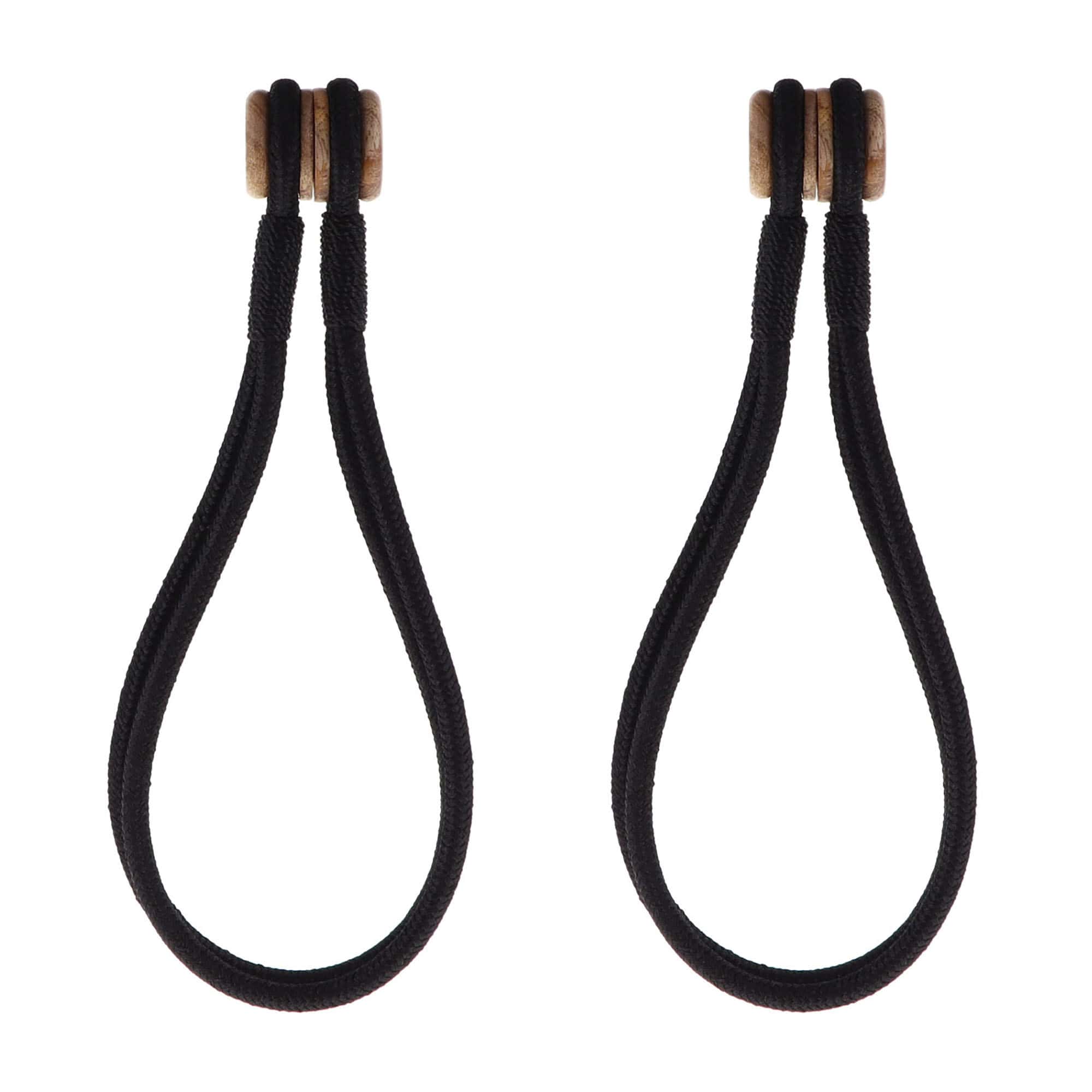 Pair of black magnetic curtain tiebacks with wooden tips