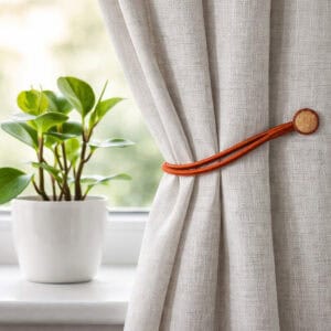 Magnetic Curtain Tieback Holding Gray Curtain – A rust-colored magnetic tieback securing a gray curtain near a window.