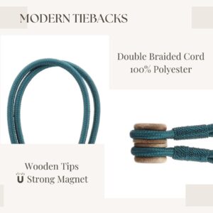 Modern Curtain Tiebacks with Double Braided Cord – Close-up of a teal braided curtain tieback with strong magnetic wooden tips.