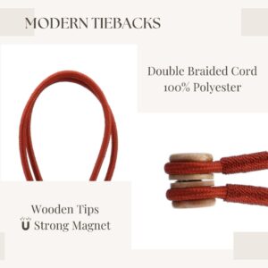 Modern Curtain Tiebacks with Double Braided Cord – Close-up of a rust-colored braided curtain tieback with strong magnetic wooden tips.